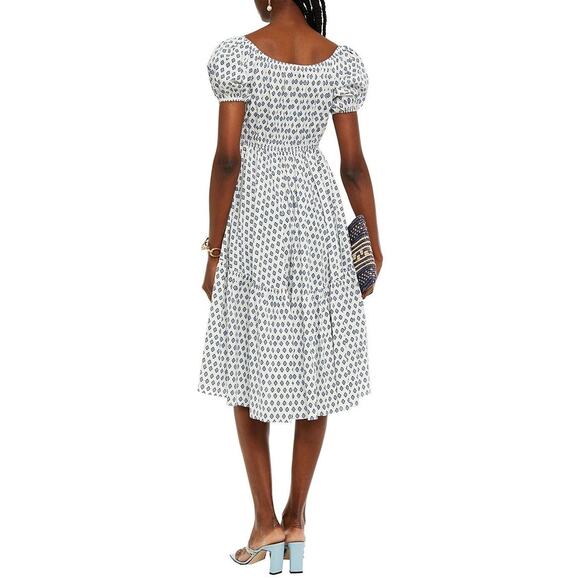 Caroline Consta Bardot Mini Flounce Dress Cap Sleeve Printed White Size XS - Picture 5 of 13